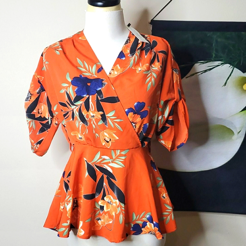 NWT RD + Kokio Floral Faux Wrap Peplum Top